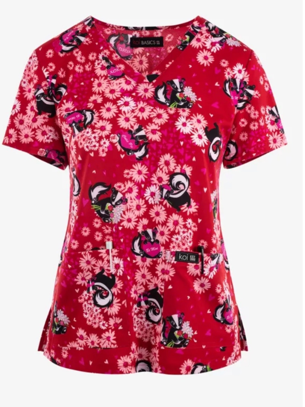 koi Basics Stink n' Cute Skunk Floral Women's 2-Pocket STRETCH V-Neck Scrub top